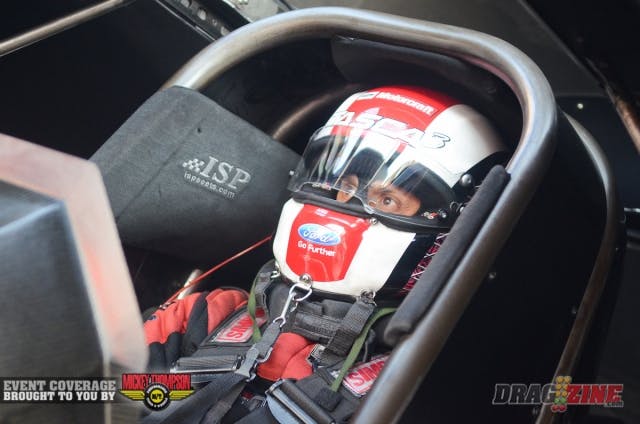 Bob Tasca III put his Ford on the pole in Funny car with the quickest of four 4.08-second runs that are bunched at the top of the order, running 4.085 at 312 mph.