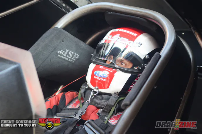 Bob Tasca III put his Ford on the pole in Funny car with the quickest of four 4.08-second runs that are bunched at the top of the order, running 4.085 at 312 mph.