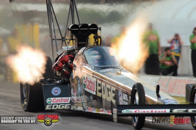 Brittany Force was the leader in the clubhouse after the first session of Top Fuel qualifying as her 3.820 paced the 25-car field. Although there's lots of qualifying to be run, if Force's effort holds, it would be her first career No. 1 qualifier.