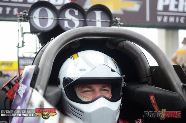 Chris Demke, the current national points leader in Top Alcohol Dragster, is fourth in the order with his 5.41, 266 mph best in qualifying.