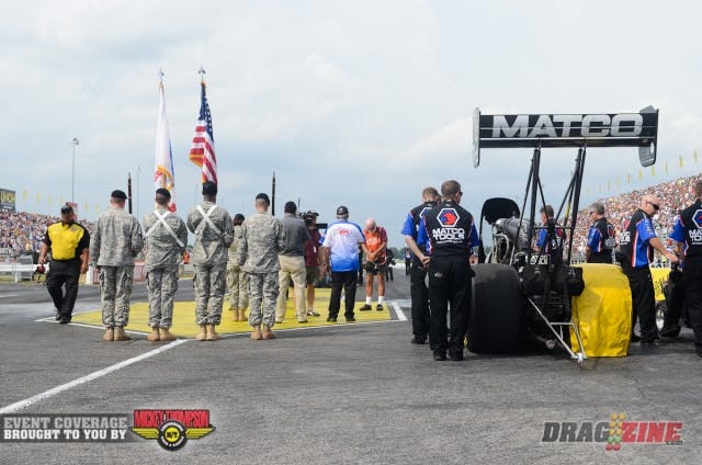 Antron Brown and Khald alBalooshi kicked off the first round of the Traxxas Nitro Shootout this afternoon. Balooshi boiled the hides on his Al-anabi dragster as Brown sailed to a 3.98-second win.
