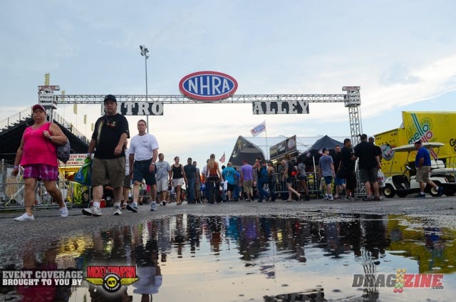 You could say we got a little rain here at Indy,m and it came in a very short period of time. It continues to drizzle and there's been lightning off in the distance, but NHRA officials are still holding out hope the evening session of Funny Car can be completed. The rest of the categories, including Top Fuel, Pro Stock, Pro Stock Motorcycle, and Pro Mod, have been shut down for the evening.