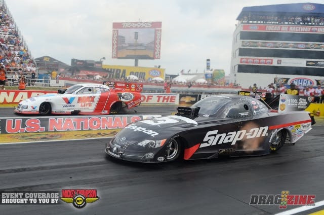 Jack Beckman claimed the $100,000 Traxxas Nitro Shootout prize in spectacular fashion, defeating Cruz Pedregon on a holeshot and then exploding the Dodge Charger body in the lights. Beckman went for a wild, bucking ride in the shutdown area, but brought the car to a halt and jumped out to celebrate.