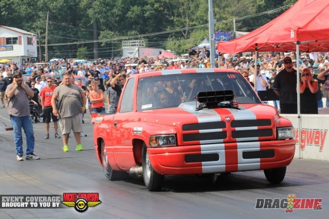 Outlaw 10.5 racer Chris Cadotto pilots this 97 Dodge Ram based out of Westland, Michigan with a supercharged 526 Hemi. He is qualified 24th with a 4.543 @ 167. The team worked hard to get here after breaking the crank recently.