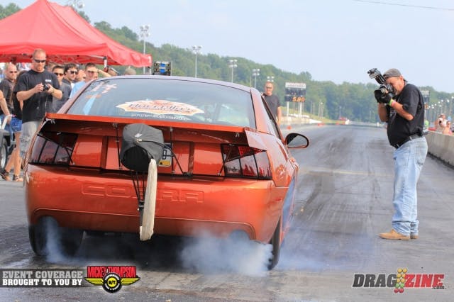 Mike Boccella heats the tires before his 5.06 @ 124 MPH run this afternoon. The Lower Pottsgrove, PA racer runs this 99 Cobra with a turbocharged 306 SBF. The car is for sale and it’s a nice piece for anyone interesting in going 275 racing. 