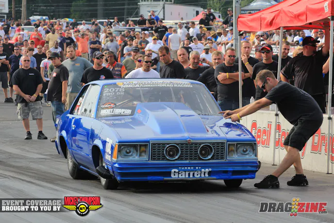 Car owner Jason Carter puts Mark Micke in the beams on his way to a 4.59 @ 178 MPH run. Since bolting radials on the team is having some good luck, running fast and taking some wins along the way.