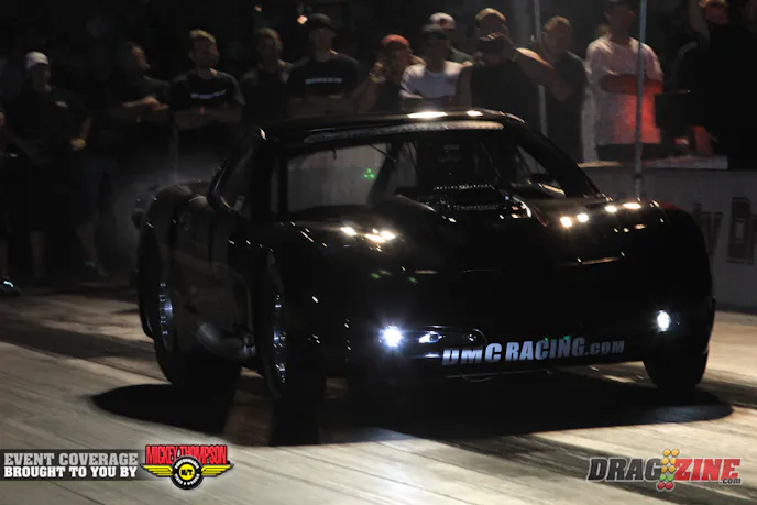 Paul major was half the first pair out in the final session of Outlaw Drag Radial and the last pair for the night as the rain came shortly after. He improved to a 4.44. Tomorrow we will start at 9 AM with the remaining ODR cars, then Ultra 275 and into the regular scheduled program pending weather.