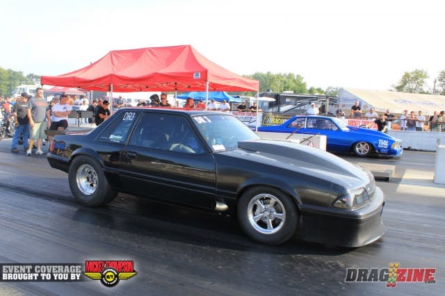 Mark Micke (far lane) jumped up to number one in Outlaw Drag radial with a 4.37 @ 183.10 for low ET and top MPH in class. The pro ladder will put him against Andrew Demarco's Procharged small block Mustang in round one.