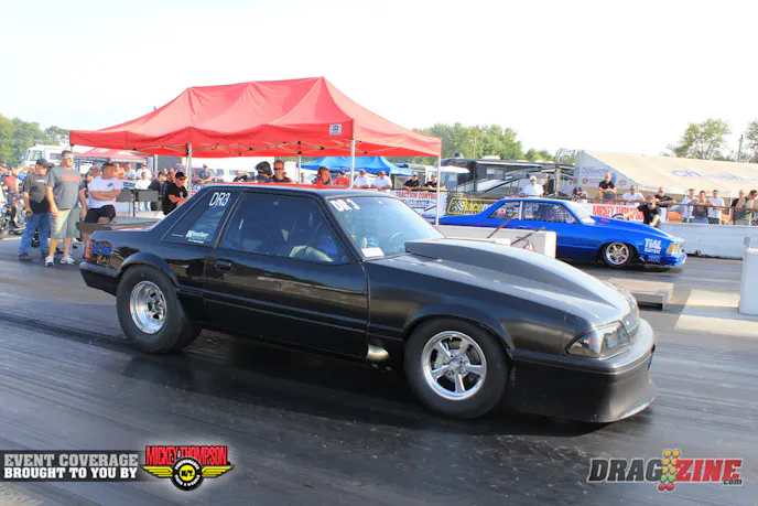 Mark Micke (far lane) jumped up to number one in Outlaw Drag radial with a 4.37 @ 183.10 for low ET and top MPH in class. The pro ladder will put him against Andrew Demarco's Procharged small block Mustang in round one.