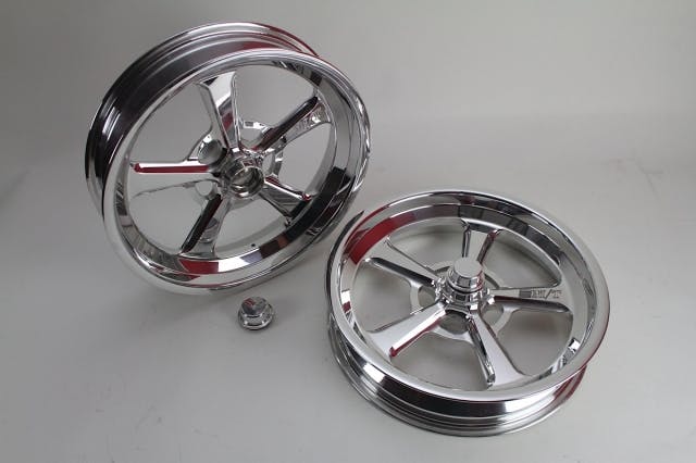 The sharp looking Mickey Thompson Pro 5 wheels - in spindle mount form - that we'll be using on this project.