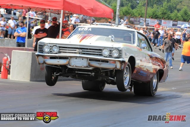 Mike Good owns this cool old school Chevelle. He fouled out against Michael Kaufman in round one of Top Sportsman. Good has two cars this weekend also running 8.50 Index with a pro street style Corvette.