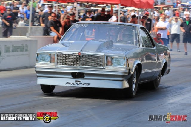 You don't see El Caminos too often anymore. This Procharged 78 model is driven by Clayton, Delaware racer Kevin Ashley. He advanced to round two of Outlaw Big Tire over Brenda Paddock running a 4.88 @ 153 MPH.