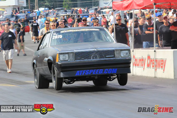 Eric Kenward dives this turbocharged Malibu based out of Vero Beach, Florida. The turbo cars had a bit of an advantage on the hot track this afternoon. His 5.48 @ 142 off his qualifying pace, but it's all about going A to B in eliminations. He earned the win over  Shawn Strauss from Elliot City, Maryland.