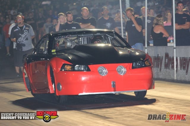 Brad Harris was paired with Greg Chandler in round three of Outlaw 10.5 with Harris getting the win. Chandler moved towards the center, got loose and got in to the left side wall pretty hard. he is ok thankfully. Harris will meet up with Steven Gorman for a all Ford twin turbo semi final.