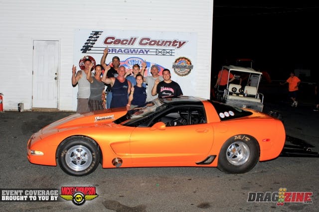 Michael Pollaro brought his 2002 Corvette from Bay Shore Ney York for some Outlaw Big Tire action and wound up in the final against the track record setting blown Camaro of Joe Schroeder who lost the blower belt on the burnout handing Pollaro the go ahead win.