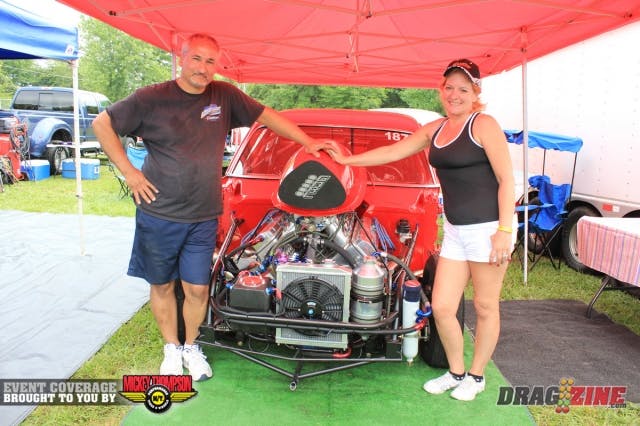 Jimmy Ruetter aka "New York Nova" runs Big Tire Outlaw and is part of a nine car group that made the trip from Long Island NY. He runs the car with his wife Kelly  with a new Fulton 762 on 4 guns with a best in testing 4.59 @ 157 MPH for the West Babylon, NY based team. The car was redone recently by Gary Naughton Race Cars, Jack Ford will be helping tune the engine and chassis here this weekend.