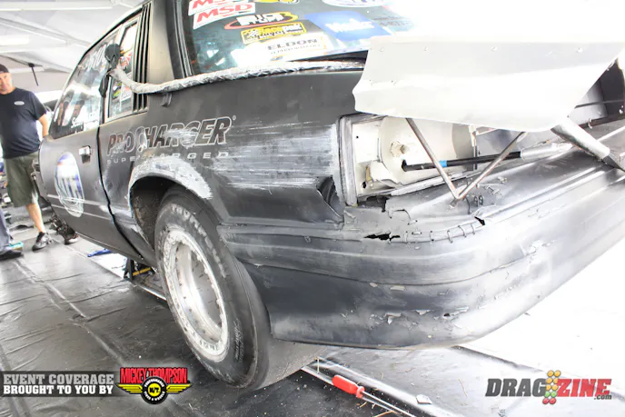 Shawn Ashe was here testing last night and got into the wall damaging the rear quarter, the front clip and one header, which was broken off at the flange. The ATF crew is working on repairs today and is removing the driver side head to inspect it as a precaution.