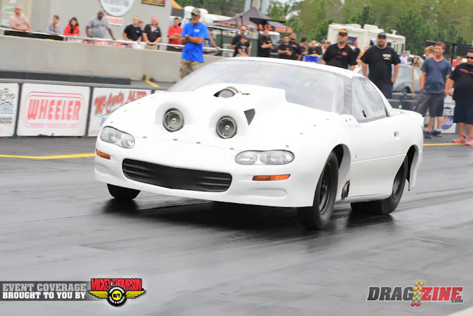 Candido Sanchez swapped his Outlaw 10.5 Camaro to drag radials recently, though he only has a couple of runs on the car before today. After a couple of shakedowns today tuner Bill Futch made some adjustments and Candidogot down with a nice smooth 4.50 at 180 MPH, his best run by a good margin.