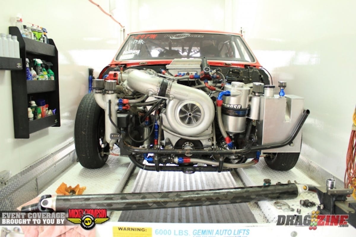 Chad Opaleski broke a U joint in his Chevelle this afternoon which was found during inspection after a run. The damage bent the pinion yolk rendering the carbon fiber shaft useless this weekend. They located a shop in town and will be there bright and early to get a replacement.