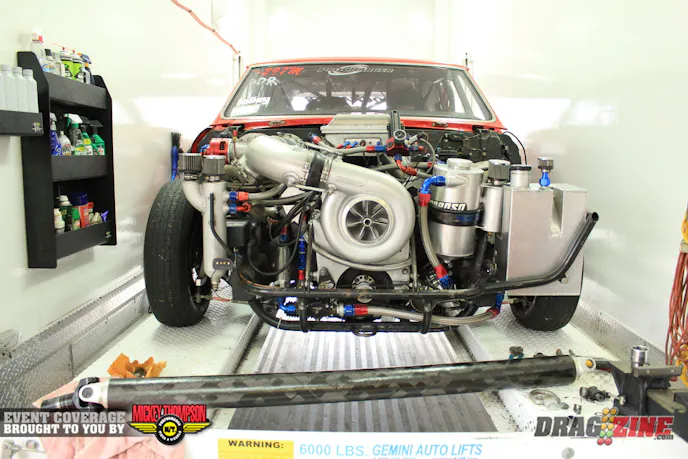 Chad Opaleski broke a U joint in his Chevelle this afternoon which was found during inspection after a run. The damage bent the pinion yolk rendering the carbon fiber shaft useless this weekend. They located a shop in town and will be there bright and early to get a replacement.