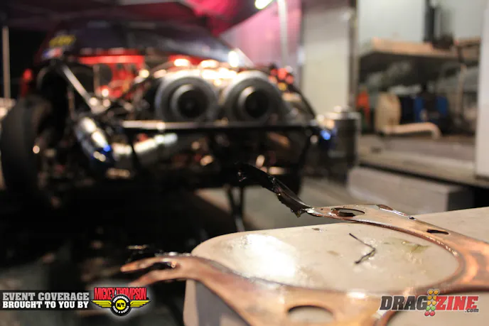 Jeff Cooner lost a head gasket on the passenger side causing some real damage to the head. They are solidly in the field so have most of Saturday to make repairs.