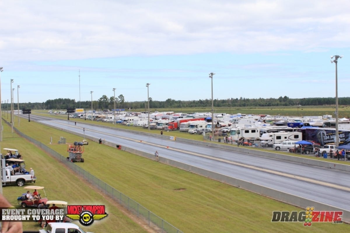 In this view from the top of the grandstands you can see the packed house this morning in the pits at SGMP.