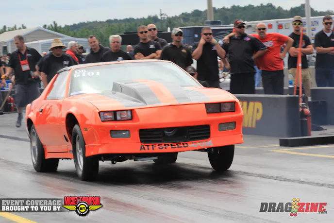 Melbourne, Florida racer Mike Fratena is sporting 235 Mickey Thompson radials in Outlaw 8.5, he sits second with a 5.04 @ 151 in the ATF and TRZ Motorsports sponsored Camaro.