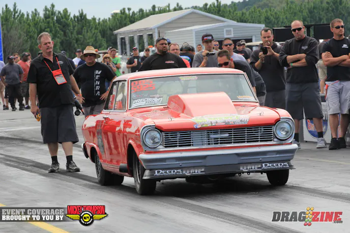 Ryan Jones has "The Toaster" here from California to run Chassis Works Outlaw 8.5. He is the sole car in the 4's with a stunning 4.84 at 156 for top qualifier.