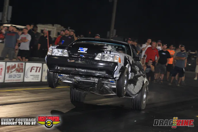 Dave "The Sprinter" Ginter went for a wild ride in his Ultimate Street Mustang taking a loss to Brian Rippy. This shot was taken on the way up, he came down hard and bounced this way and that with Ginter finally getting it under control and away from the wall.