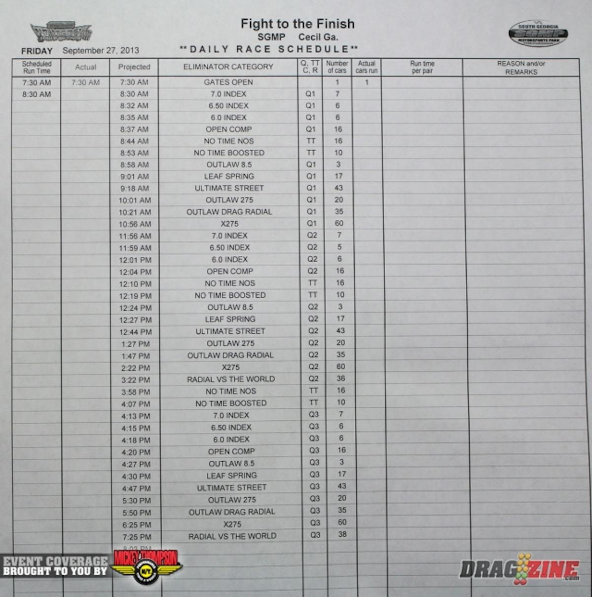 Tonight's pit notes will kick off with the run order for Friday kicking it of with 7.00 Index at eight thirty AM. Aftger Index and Open comp. After Index and Open Comp it's No Boost No Time towards nine with heads up qualifying kicking off with Outlaw 8.5. We will be warming up early then getting into some insane small tire racing early Friday.