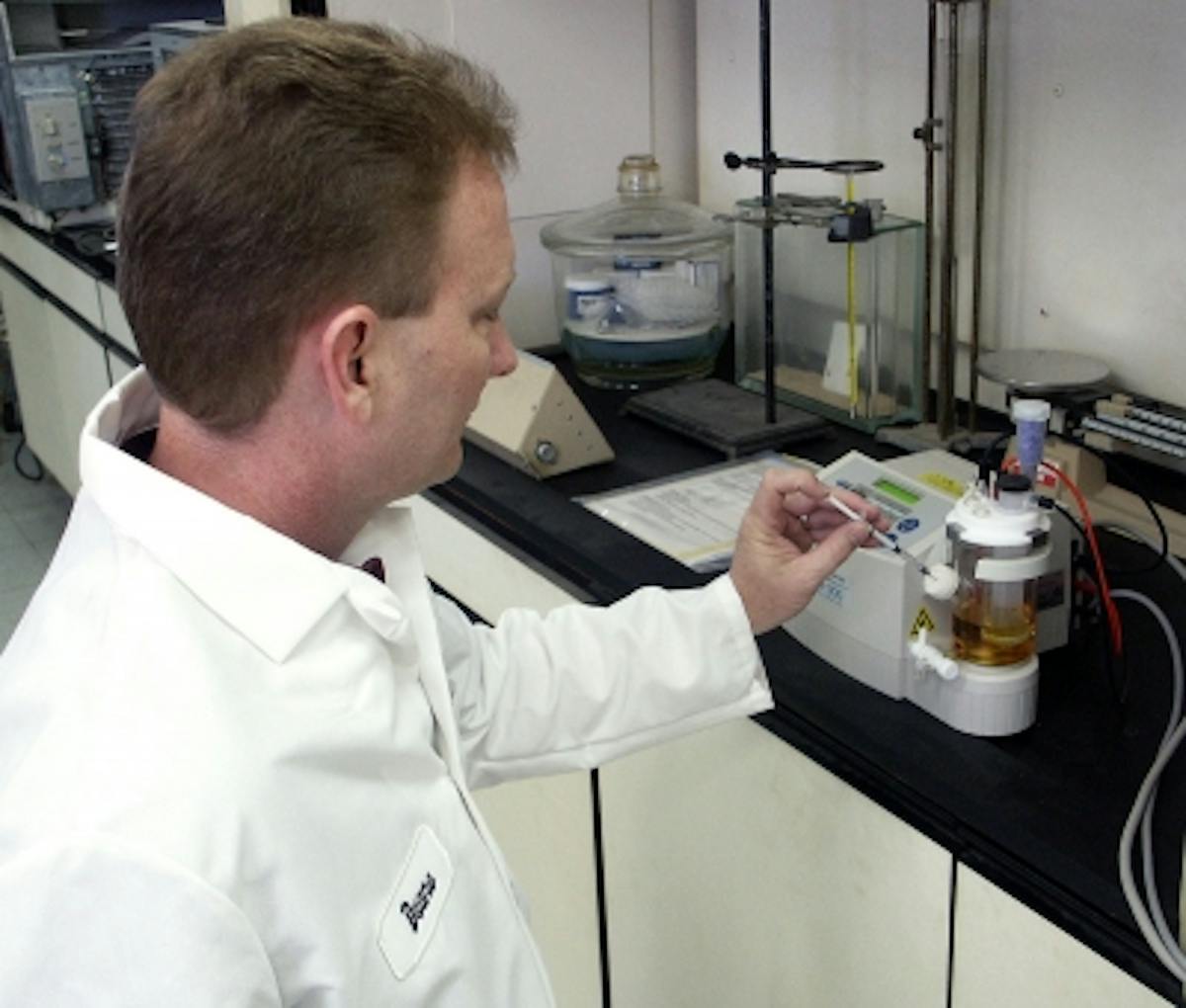 VP's Duane Minazzi uses coulemetric titration to detect the presence of water in solution, an important test particularly for oxygenates introduced to fuel blends.