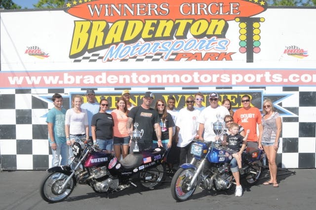 The 5.90 index Motorcycle class had nine entries this weekend coming down to the legendary Roy Haggadorn and Mike Mocny on a pair of Susukis based out of Venice. Florida. Haggadorn (pictured right) went .014 to Mocny's .028 going on to earn the win by .015. Photo courtest Byran Epps.