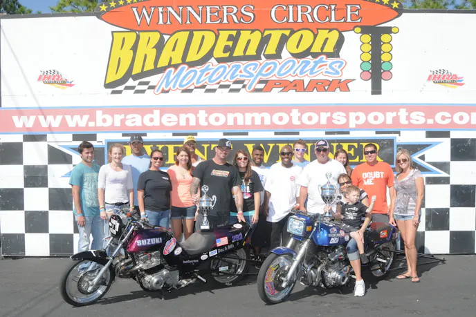 The 5.90 index Motorcycle class had nine entries this weekend coming down to the legendary Roy Haggadorn and Mike Mocny on a pair of Susukis based out of Venice. Florida. Haggadorn (pictured right) went .014 to Mocny's .028 going on to earn the win by .015. Photo courtest Byran Epps.