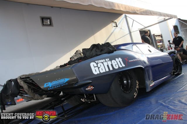 Bill Lutz went for a wild ride during yesterday’s test session when a high-pressure fitting failed on his oil pump and dumped sixteen quarts of oil under his Camaro at 330 feet out. He had his hands full of steering wheel, but managed to keep his car off the wall and is ready for today’s first round of Pro Line Racing Outlaw Pro Mod.