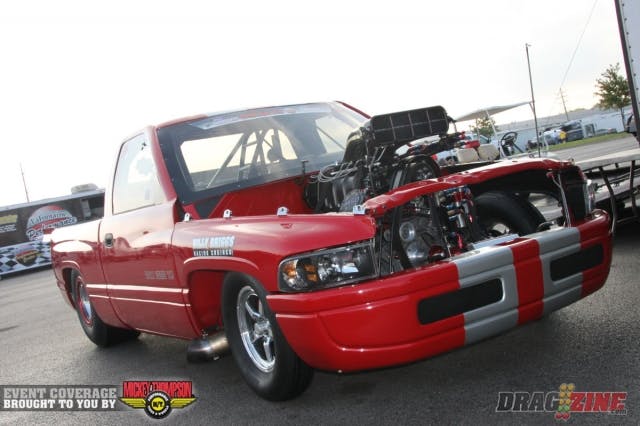 Chris Cadotto isn’t content with the off-pace 4.96 at 161 mph he ran yesterday in the first round of qualifying for Outlaw 10.5, presented by LaFontaine Automotive. It put him in the twelfth spot in the field of sixteen, and he’s looking to step up for today’s second round of qualifying. His Diamond Race Cars-built 25.2 Ram gets its go from a blown BAE Hemi assembled by Billy Briggs Racing Engines and has been as fast as 6.59 at 212 mph in the quarter-mile and 4.29 at 172 mph in the eighth-mile. “I should go 4.20s today,” said the Michigan-based Cadotto.