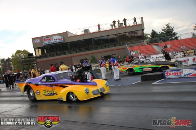 In the first round of qualifying for Pro Line Racing Outlaw Pro Mod, Dave Hance (left lane) blasted to a 5.87 at 251 mph, which put him in the second spot going into tonight’s second round of qualifying. Eric Dillard was a little quicker at 5.82 at 258 mph for the current top spot.