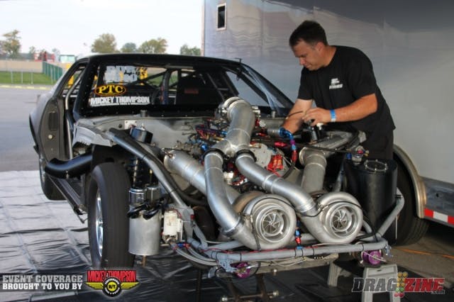 TRZ has been fine-tuning the four-link under Frank Mewshaw’s ’88 Trans Am, which is powered by a 521 cubic-inch Nelson engine, twin Precision 88 mm turbos and an ATF Turbo 400 transmission. He’s been as fast as 4.33 in the eighth-mile and hopes to pick up this weekend in VP Race Fuels Outlaw Limited Street/Drag Radial.