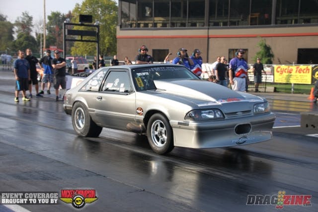 A hitter wherever he goes, Dave Hinzman laid down a 4.56 at 168 mph in the first round of qualifying followed by a 4.52 at 167 mph in today’s second round of qualifying, for the fifth spot in VP Racing Fuels Outlaw Limited Street/Drag Radial. He was next up to stage when there was some downtime for a clean-up, but he remained calm and collected, which seems to be his MO. Twenty-four cars are vying for the sixteen-car class field.