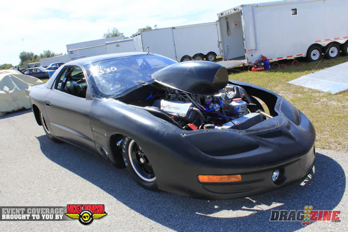 Pete Dearmas has purchased this 2002 Pontiac Firebird out of Texas and will be running Outlaw 632 this weekend. The car had been run with a single turbo small block out west and is now fitted with a Reher Morrison 622 with two nitrous systems. Pete will be making his first nitrous runs on the car today.