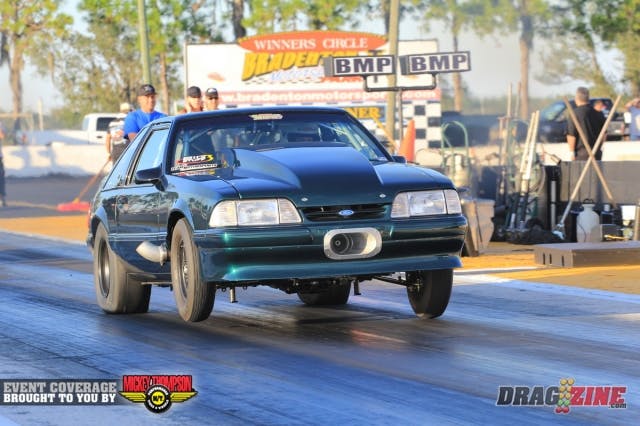 Sean Knighton has some some improvements to his Mustang over the past few months including a new transmission and converter. He has been making clean runs all day with the last one a 5.12. He is running X275 this weekend.