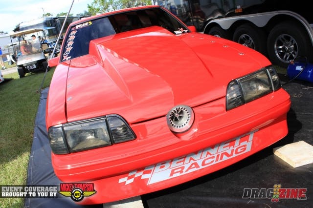 Charles Hull hails out of Georgia and debut this car just last month at No Mercy IIII.  It features a 400 ci Bennett  Racing small block Ford fed by a large frame 88 Precision turbo and backed by a Keith Neal powerglide. Wade Hopkins' Southern Speed out of Tupelo Mississippi did the chassis. His best run was last weekend at Holly Springs with a 4.58 at 156 MPH, last night he laid down a 4.74 at 154 and several clean straight runs.