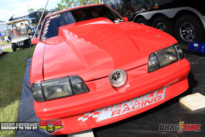 Charles Hull hails out of Georgia and debut this car just last month at No Mercy IIII.  It features a 400 ci Bennett  Racing small block Ford fed by a large frame 88 Precision turbo and backed by a Keith Neal powerglide. Wade Hopkins' Southern Speed out of Tupelo Mississippi did the chassis. His best run was last weekend at Holly Springs with a 4.58 at 156 MPH, last night he laid down a 4.74 at 154 and several clean straight runs.