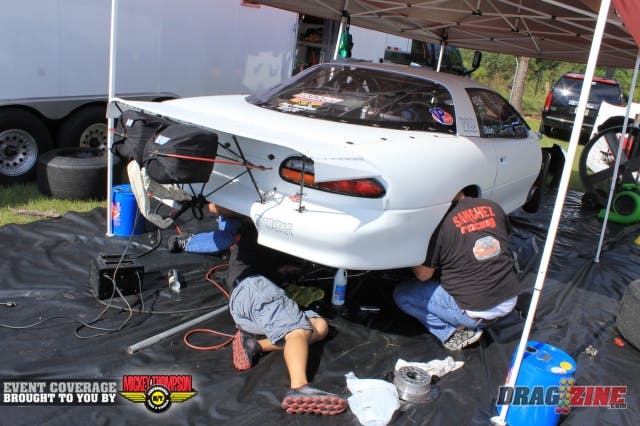 Candido sanchez and crew were making a gear change this morning in the Pro Drag Radial Camaro looking to tame the car down after testing last night.