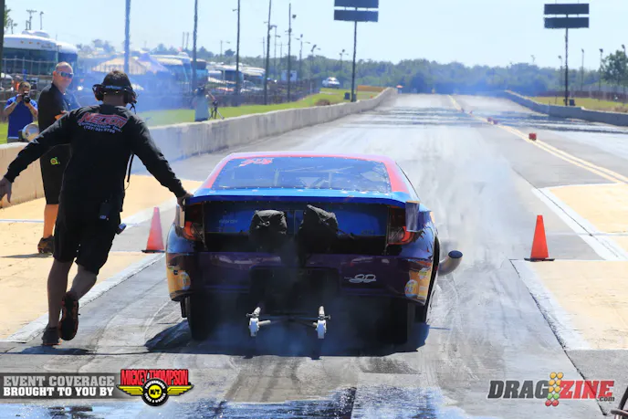 Jason Carlton is here this weekend and is qualified ninth in Outlaw Pro Mod with a 4.37 at 132. He was out of shape down track and the car started to wiggle some and he shut it down safely.