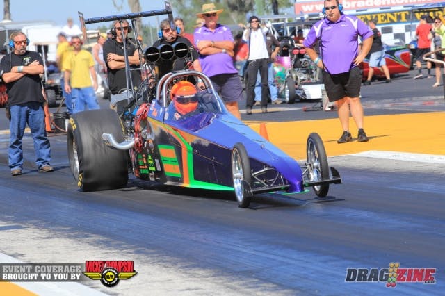 Mark McElwee put his Port St. Lucie based 2005 Iron Man dragster on the Open Outlaw pole running a 3.74 at 193 MPH.