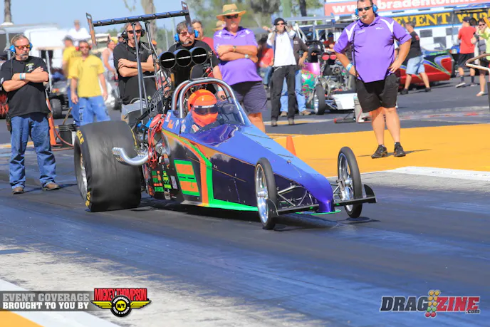 Mark McElwee put his Port St. Lucie based 2005 Iron Man dragster on the Open Outlaw pole running a 3.74 at 193 MPH.