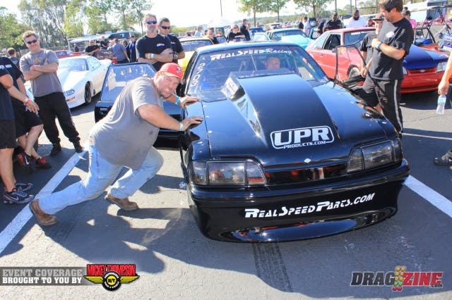 Corey Swanstrom is workin out on Walt Drakefords car in preparation for their third round match race with his son Justin next session.. They sit one and two in Ultra Street, Swanstrom has the advantage.