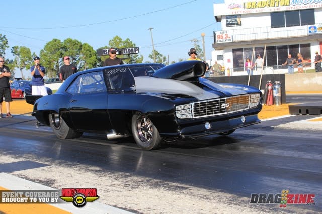 Anthony Masieko sits on the bump with his new car which was campaigned most recently by Jesse James in NMCA Super Street 10.5W and several races here. Masieko is starting out in Outlaw 632 and made his first nitrous runs on the car today.
