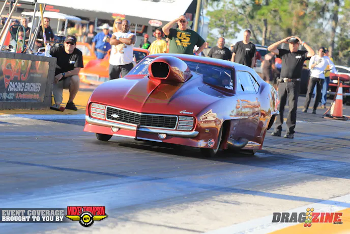 Chris Patrick sits number one in Outlaw Pro Mod laying down a 3.909 at 193 driving for Robert Mathis this weekend.