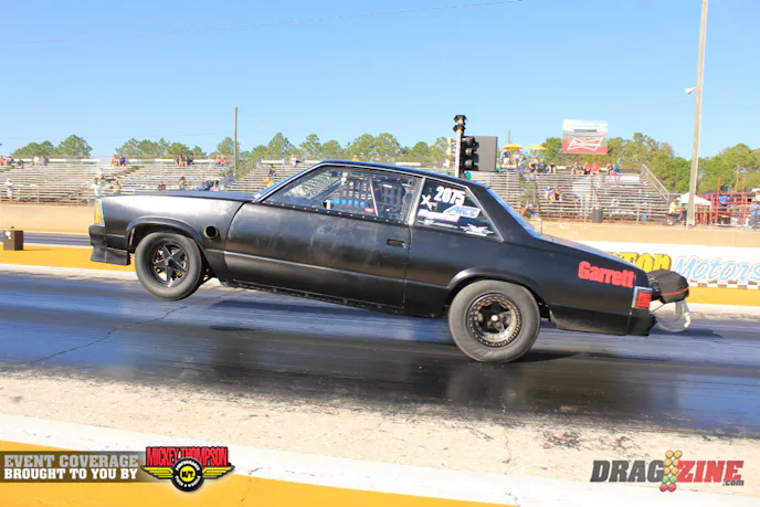 Eric Kenward launched hard in his match with Billy “Ticket Taker” Driscoll though Driscoll’s car is obscured by the Malibu he went up as well. Driscoll pedaled the car but it bounced high and came down hard near 150 feet out ending his day.